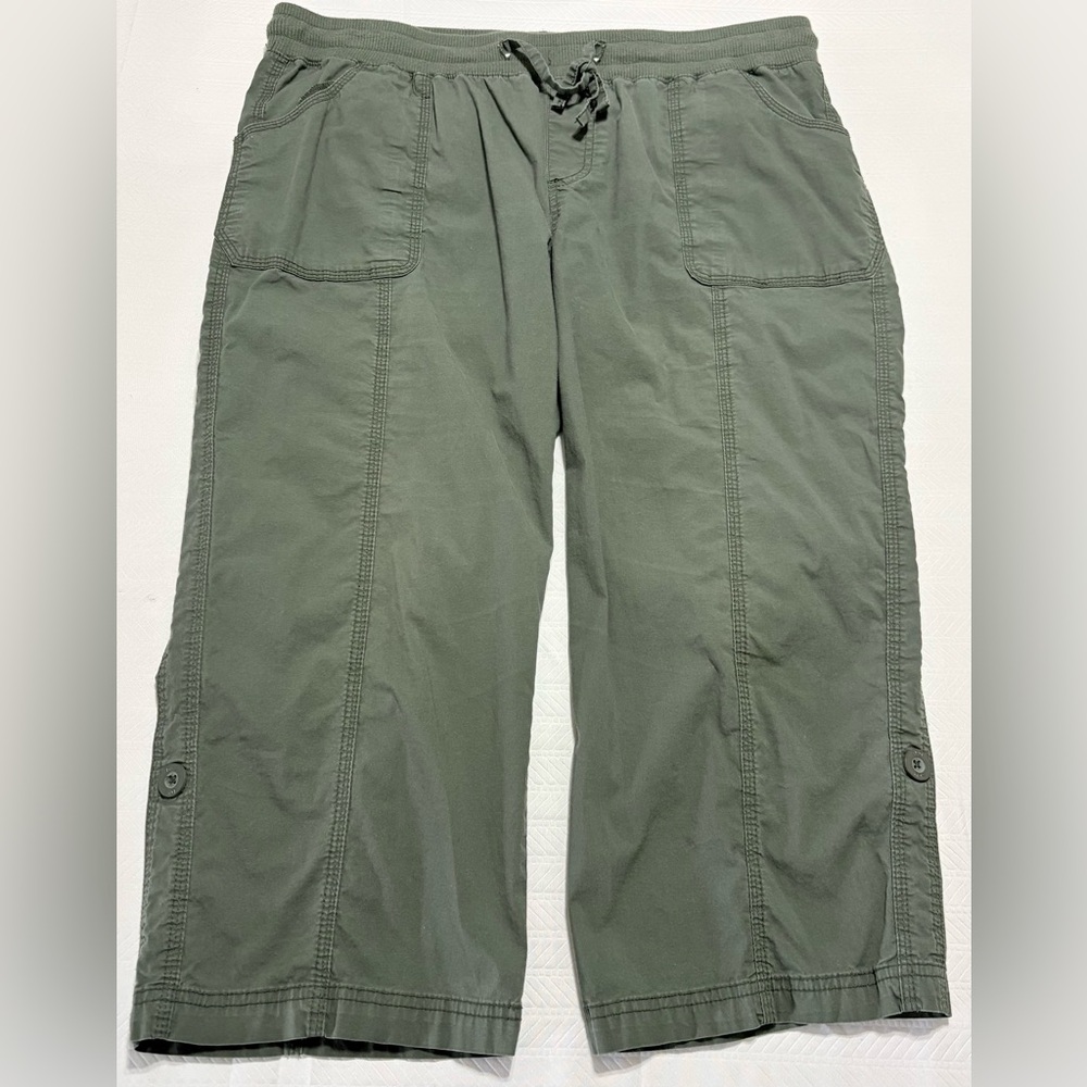 BCG Olive Green Capri Pants Drawstring Elastic Waist Cotton Stretch Women XL